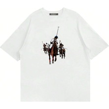Mad&Calf Unisex Horse Rider Baskılı Bisiklet Yaka Oversize Tshirt