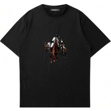 Mad&Calf Unisex Horse Rider Baskılı Bisiklet Yaka Oversize Tshirt
