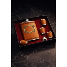 Deco Elit Çelik Matara Premium Hediye Seti Taba Deri Kaplamalı Içki  Matarası 4 Shot Bardaklı Lüks Hediyelik