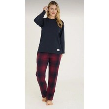 Kly Kadın Uzun Kollu Lacivert Ekoseli Pijama Takımı