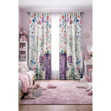 Bebişim Halı Çocuk Odası Çift Kanatlı Fon Perde Çiçek Bahçesi Kapı ve Kuş Desenli