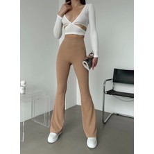 FRY Şık ve Rahat Yüksek Bel Ispanyol Paça Fitilli Toparlayıcı Bej Tayt ( Lisinya )