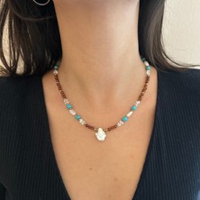 Suerte Accessories Akik Ay Taşı Hematit ve Turkuaz Doğal Taş Barok Inci Uçlu El Yapımı Doğaltaş Kadın Kolye