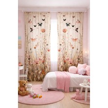 Bebişim Halı Çocuk Odası Çift Kanatlı Fon Perde Kelebekli Çiçek Tarlası Desenli