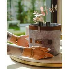 FRY Deri Şeritli Yuvarlak Çok Amaçlı Düzenleyici Organizer Kutu Keçe Sepet (Mini) 03822 ( Lisinya )