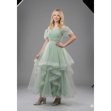 Kız Çocuk Lastikli Bel Fermuar Kapama Askılı Omuz Detay Parıltılı Kat Kat Abiye