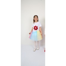 ÜMİTEKS WORLD OF CLOTHES 23 Nisan Gösteri Kıyafeti Kız Çocuk Gökkuşuğı Tütü Etek Kırmızı Papatya Tişört Ile Birlikte Takım