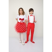 ÜMİTEKS WORLD OF CLOTHES 23 Nisan Gösteri Kıyafeti Kız Çocuk Kırmızı Fiyonklu Badi ve Puantiyeli Kırmızı Tütü Etek Ile Takım