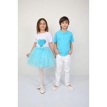 ÜMİTEKS WORLD OF CLOTHES 23 Nisan Gösteri Kıyafeti Kız Çocuk Turkuaz Kalpli Badi ve Turkuaz Tütü Etek Ile Birlikte Takım