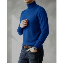 Sdnyazo Premium Erkek Kaşmir Ve Yünlü Açık Lacivert Tam Balıkçı Yaka Slim Fit Fitilli Triko Kazak