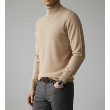 SDNYAZO Premium Erkek Kaşmir Ve Yünlü Krem Balıkçı Yaka Slim Fit Triko Kazak