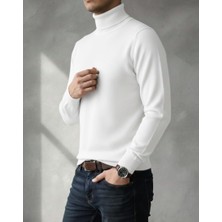 Sdnyazo Premium Erkek Kaşmir Ve Yünlü Beyaz Balıkçı Yaka Slim Fit Triko Kazak