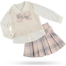 Kız Çocuk Ekose Etekli Şık Takım – Uzun Kollu Gömlek ve Yelekli Bayramlık Kombin