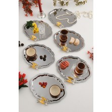 Özbience Gümüş 6'lı Kelebek Detaylı Oval Kahve Sunum Tepsisi