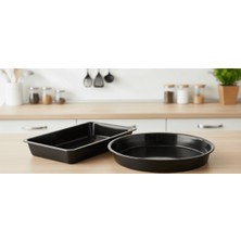 Özbience 2'li Siyah Parlak Emaye Fırın Tepsi Seti, Yuvarlak ve Kare Boyutlarda