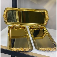 Özbience Altı Adet Parlak Gold Dikdörtgen Kulplu Servis ve Sunum Tepsisi