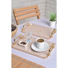 Özbience Gold Kulplu Türk Kahvesi Sunum Tepsisi, 2'li Şık Set 25X17CM