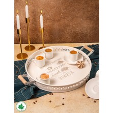 Özbience Ahşap Kulplu Yuvarlak Metal Servis Tepsisi 37CM, Krem, Kahve Sunum Tepsisi