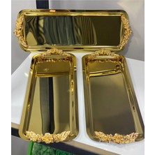 Özbience Altıgen Gold Düğmeli 3'lü Servis ve Sunum Tepsisi Seti