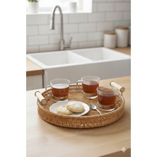 Özbience Rattan Dekoratif Sunum Servis Tepsisi 31 Cm, Ahşap Saplı, Yuvarlak Design