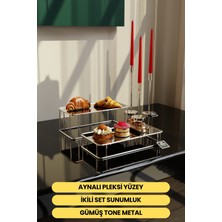 Özbience Gümüş Aynalı Sunum Tepsisi Ikili Set, Dekoratif ve Şık 30X15CM