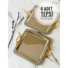 Özbience 6'lı Gümüş Kare Çıkarılabilir Gold Kulp Çay ve Kahve Servis Tepsisi