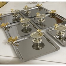 Özbience 6'lı Çelik Kare Sunum Tepsisi ve Gümüş Kelebekli Makarna Sunum Seti