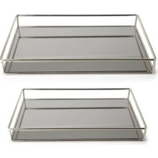 Özbience Iki Parça Gümüş Dikdörtgen Kare Aynalı Sunum ve Nişan Tepsisi