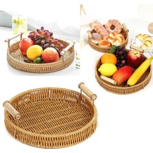 Özbience Rattan Çok Amaçlı Dekoratif Tepsi, Meyve ve Ekmek Sepeti, 24 cm