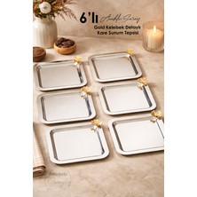 Özbience 6'lı Altın Kelebek Detaylı Kare Paslanmaz Çelik Sunum Tepsisi 23CM