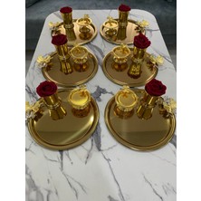 Özbience 3 Farklı Model Gold Çelik Kelebekli Sunum Tepsisi, Gül Kovası ve Makaronluk