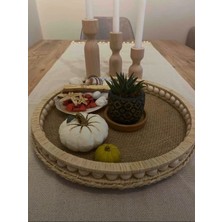 Özbience Ahşap Boncuklu Doğal Rafya Hasır Dekoratif Tepsi 29,5cm