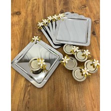 Özbience 12 Parça Papatyalı Kare Sunum Seti, 6 Tepsi ve Lokumluk ile Şık Sunum