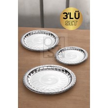 Özbience 3'lü Paslanmaz Çelik Desenli Yuvarlak Çay ve Kahve Servis Tepsisi