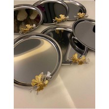 Özbience 6'lı Gold Kelebekli Yuvarlak Gümüş Sunum Tepsisi, Dekoratif ve Şık