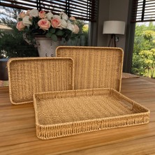 Özbience Hasır Rattan Dikdörtgen Tepsi Sunum 3'lü Set Organizer
