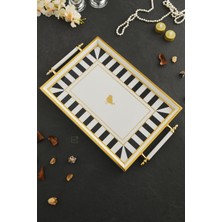 Özbience Love Bird Desenli Gold-Beyaz Çerçeveli Lüks Sunum Tepsisi 46X28 cm