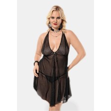 Wmc Collection Büyük Beden Siyah Derin Göğüs ve Sırt Dekolteli File Fantezi Gecelik