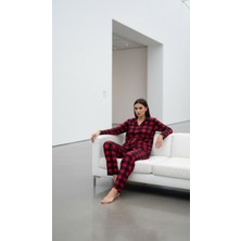 Pijama Takımı Süet 5 Düğmeli Kırmızı Ekoseli