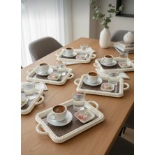 Özbience 6'lı Beyaz Örgü Desenli Dikdörtgen Kahve Sunum Tepsisi