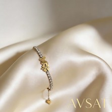 Melike Steel Zirkon Taşlı Çelik Kelebek ve Yoncalı Altın Rengi Bileklik