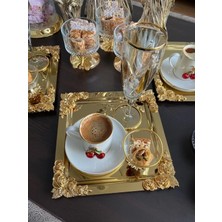 Özbience 6'lı Gold Gül Motifli Çelik Kahve Sunum Tepsisi Seti