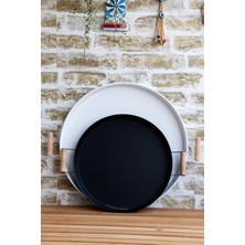 Özbience 2'li Ahşap Kulplu Beyaz ve Siyah Metal Tepsi Seti, 45 cm ve 37 cm