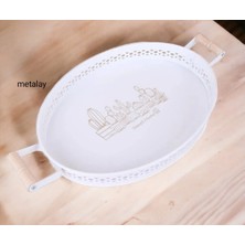 Özbience Ahşap Kulplu Metal Servis Tepsisi 37CM, Kahve ve Sunum Için Şık Tasarım