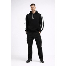 Giyim Center Erkek Şeritli Kapüşonlu Sweatshirt Oversize 3 Iplik Pamuklu - Siyah