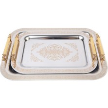 Özbience Paslanmaz Çelik Gold Desen 2'li Çay Kahve Tepsi Seti