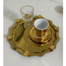 Özbience Altı Adet Gold Renk Yuvarlak Dalgalı Japon Güllü Sunum Tepsisi