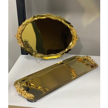 Özbience Gold Kaplama Oval ve Dikdörtgen Kulplu Servis ve Sunum Tepsisi
