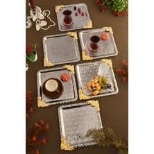 Özbience Paslanmaz Çelik Desenli Kare Köşe Gold Çiçekli 6'lı Kahve Sunum Tepsisi