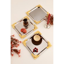 Özbience Paslanmaz Kare Sunum Tepsisi 3'lü Sarı Çiçek Detaylı Gümüş Renk